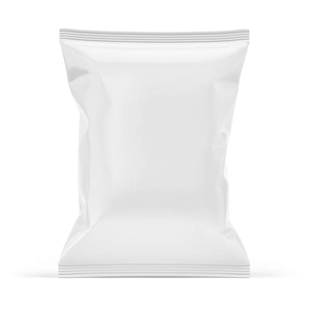 Blank white plastic bag. Food snack, chips packaging isolated on white beckground. 3d rendering mockup template Blank white plastic bag. Food snack, chips packaging isolated on white beckground. 3d rendering mockup template crisps stock pictures, royalty-free photos & images