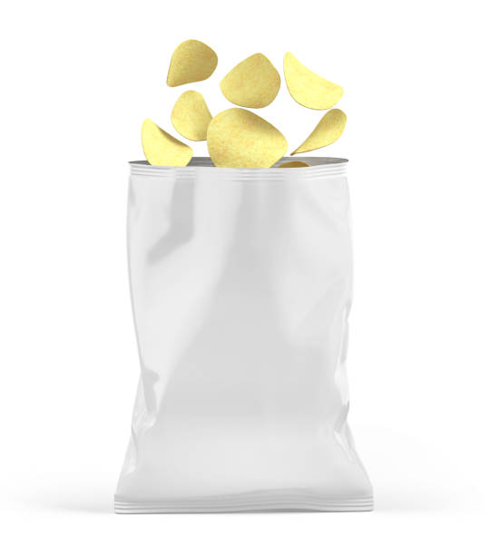 istock Blank open snack white package bag. Chips packaging isolated on white beckground. 3d rendering mockup template 1391921210