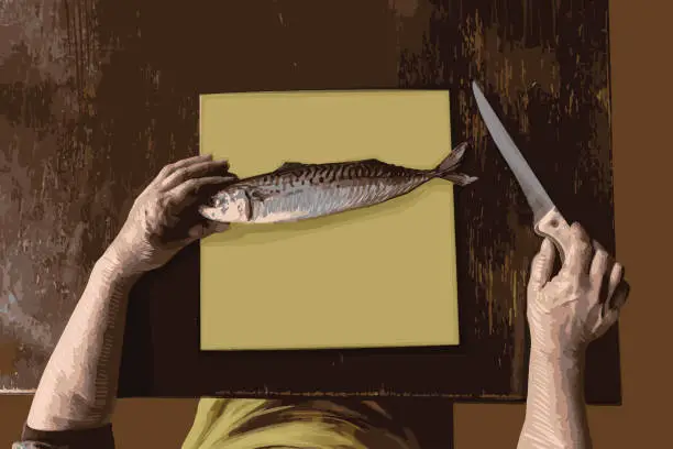 Vector illustration of Cleaning fish on a yellow plate