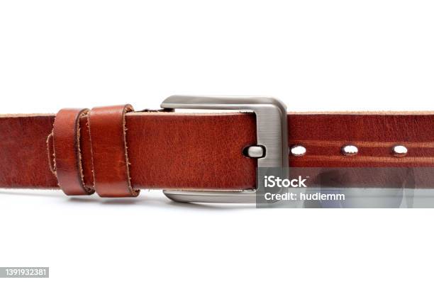 Leather Belt Isolated On White Background Stock Photo - Download Image Now - Belt, Brown, Buckle