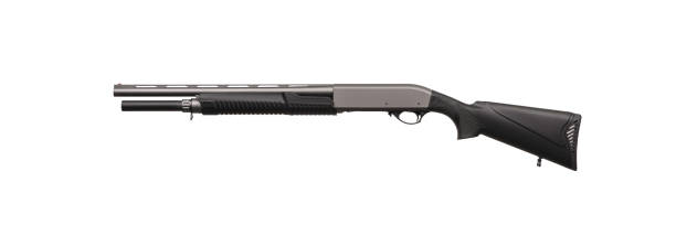 istock Pump-action 12 gauge shotgun isolated on a white background. A smooth-bore weapon with a wooden stock. 1391932437