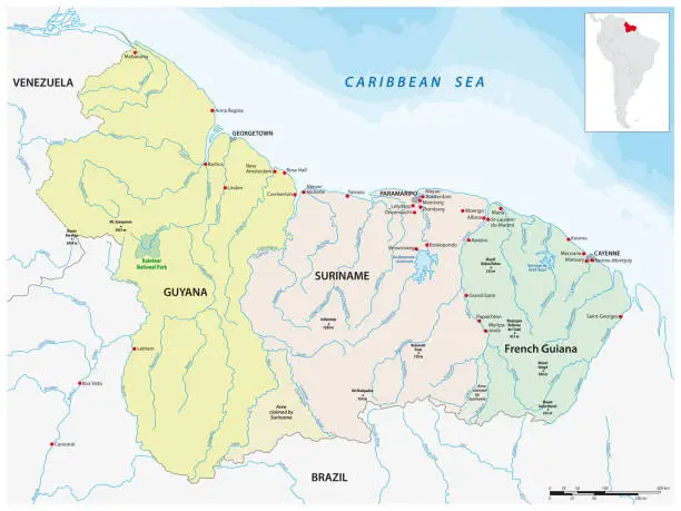 Vector illustration of Map of the states of Guyana, Suriname and the French department of French Guiana