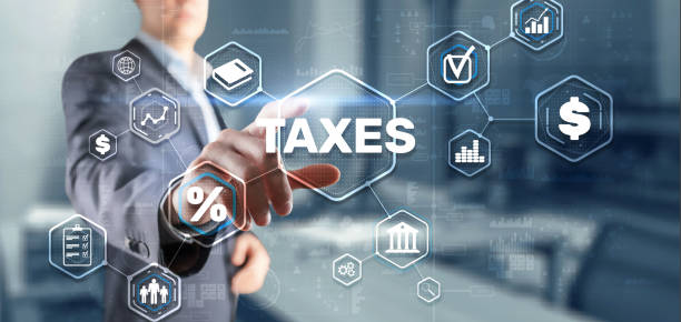 Concept of taxes paid by individuals and corporations such as VAT, income tax and property tax. Background for your business stock photo