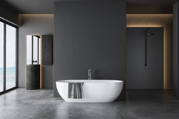 Dark grey bathroom with white bathtub and two sinks with square mirrors and shower area. Dark grey bathroom with white bathtub and two sinks with square mirrors and shower area. Black minimalist design of modern bathroom. 3D rendering bathroom stock pictures, royalty-free photos & images