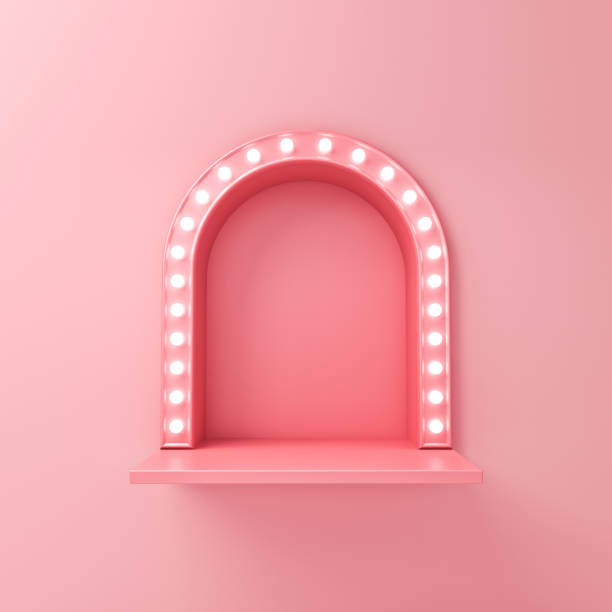 istock Blank pink shelf with retro neon light bulbs or blank product display platform isolated on pink pastel color wall background with shadow minimal conceptual 3D rendering 1391945410