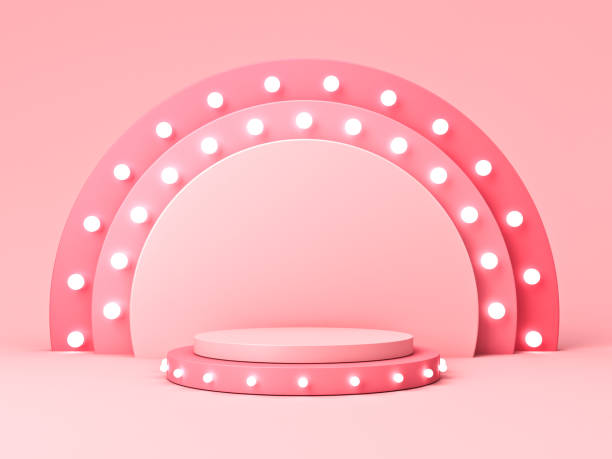 istock Blank pink podium pedestal with retro neon light bulbs or blank product display platform isolated on pink pastel color background with shadow minimal conceptual 3D rendering 1391945418