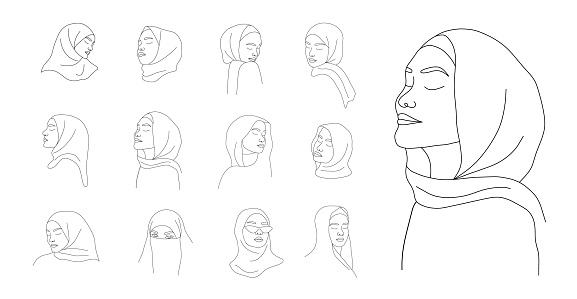 Linear arab women in hijab. Set of contemporary minimalist female portraits with closed eyes. Hand drawn outline female silhouettes. Vector illustration in one line style. Beauty logo.