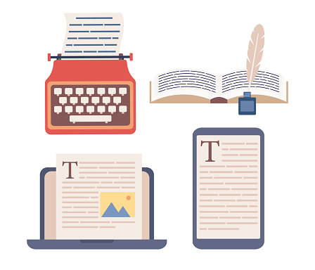 Writing set icons. International authors day. Writer profession concept. Text typing, posting, writing books on laptop, smartphone, typewriter, manuscript, feathe pen and ink. Vector