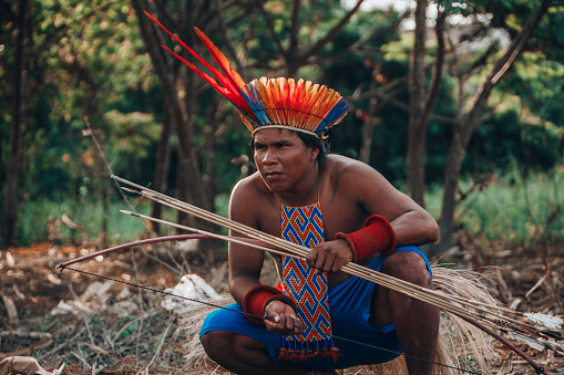 Indigenous man from an Amazon tribe in Brazil with tribal art painted on his body and face, wearing a headdress made of straw and a red feather and holding a stick. 2009.