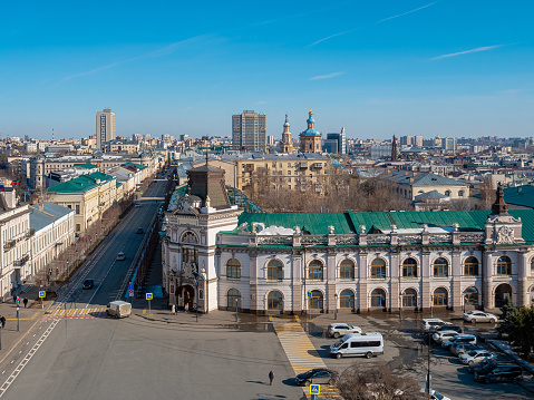 Magical view from the Spasskaya Tower of the Kazan Kremlin. View of the National Museum of the Republic of Tatarstan on Kremlin Street