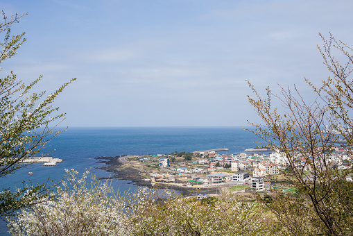 Panoramic view of Jeju city and sea from Byeoldobong Oreum in Jeju island, Korea