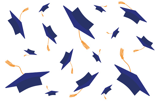Throwing graduation caps with tossels. Vector illustration