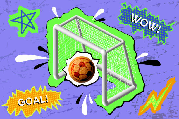 A ball flies into the gate. Scoring goal. Lilac background in pop art style, retro, comic Pop art collage about football (soccer). Illustration with different elements: clouds with text, lighting, star, drops. Orange as sport ball in the football gate. soccer competition stock illustrations