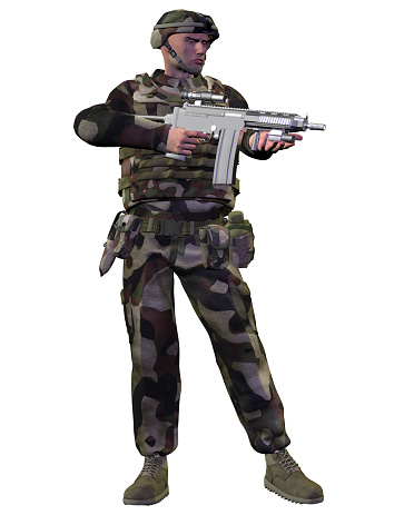 Soldado en uniforme con rifle, ilustración 3D photo