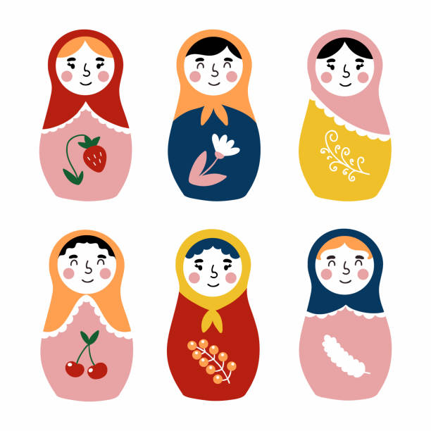 러시아 matryoshka 인형. 낙서 스타일로 벡터 일러스트레이션을 설정합니다. 전통 장난감. - russian culture traditional culture souvenir folk music stock illustrations