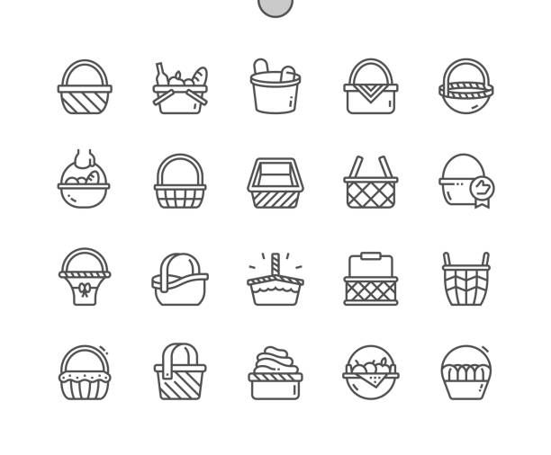 weidenkorb. dekorative picknickbehälter für korbwaren. wohndekoration. pixel perfect vector thin line symbole. einfaches minimales piktogramm - korb stock-grafiken, -clipart, -cartoons und -symbole