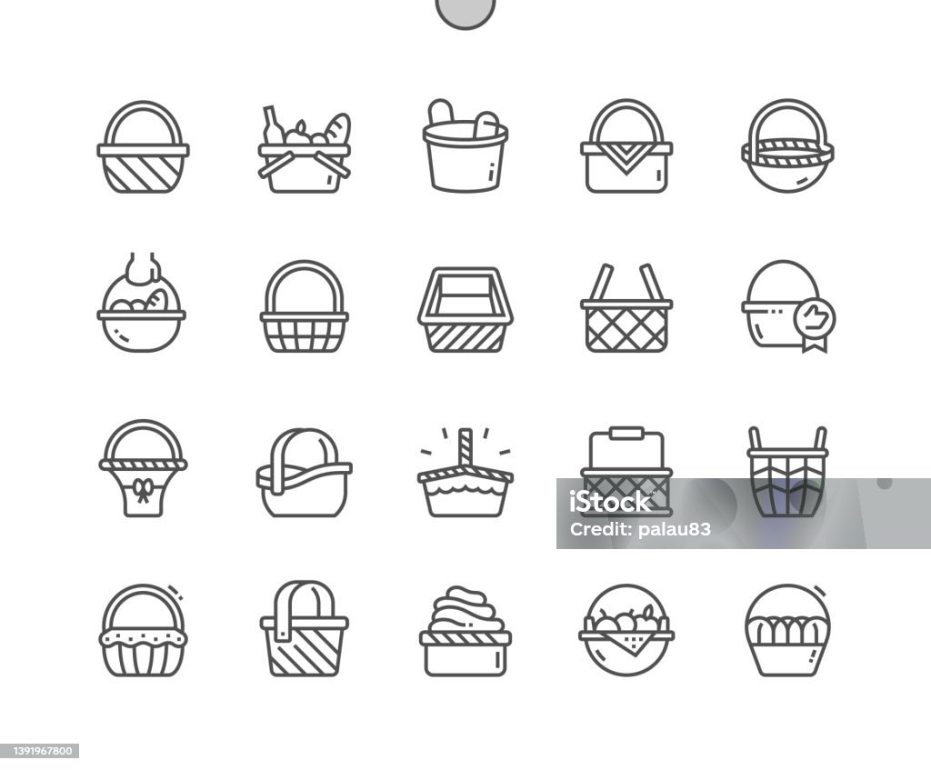 Wicker basket. Decorative basketry picnic containers. Home decoration. Pixel Perfect Vector Thin Line Icons. Simple Minimal Pictogram - Royalty-free Pictogram vectorkunst Wicker basket. Decorative basketry picnic containers. Home decoration. Pixel Perfect Vector Thin Line Icons. Simple Minimal Pictogram - Royalty-free Pictogram vectorkunst