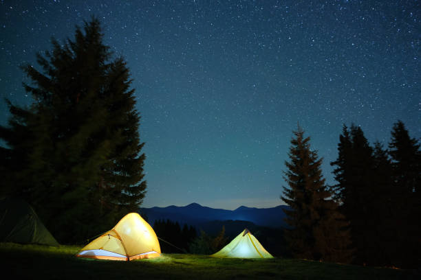 istock Bright illuminated tourist tents glowing on camping site in dark mountains under night sky with sparkling stars. Active lifestyle concept. 1391969247