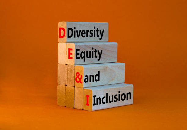 DEI, Diversity, equity and inclusion symbol. Concept words DEI, diversity, equity and inclusion on wooden blocks on beautiful orange background. Business, DEI, diversity, equity and inclusion concept. stock photo