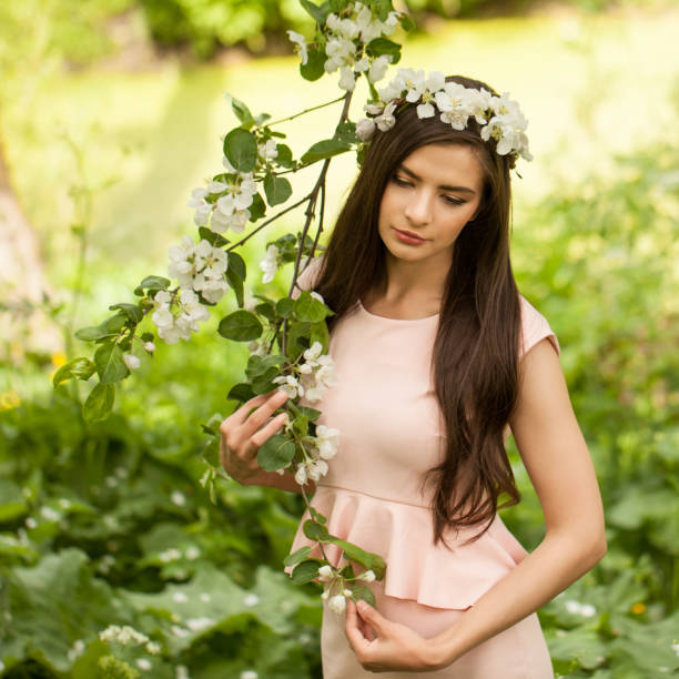 Beautiful model walking in spring garden.