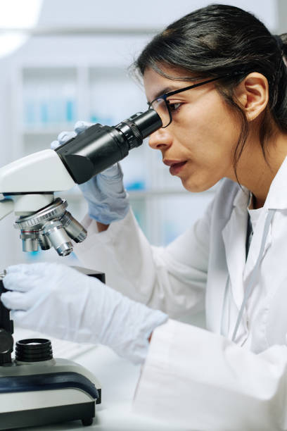 istock Young serious female microbiologist or virologist using microscope in laboratory 1391972468