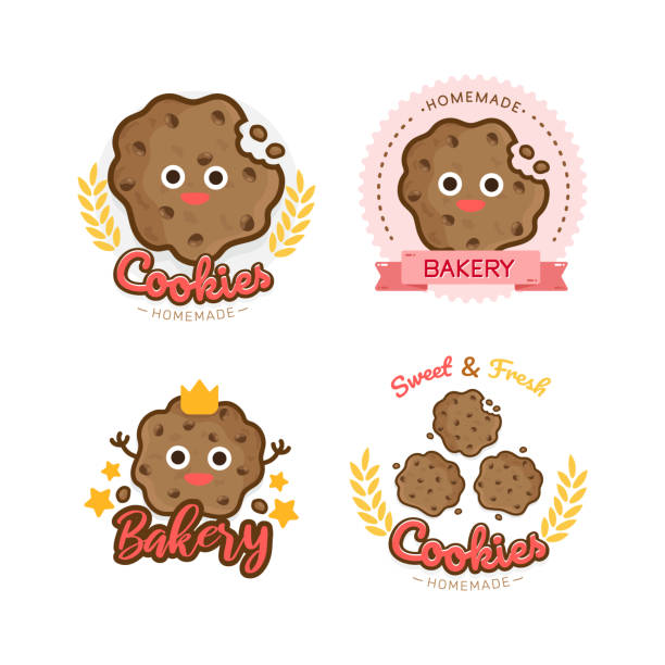 illustrazioni stock, clip art, cartoni animati e icone di tendenza di simpatico personaggio del biscotto con gocce di cioccolato dei cartoni animati, logo dei biscotti - cookie letter illustrations