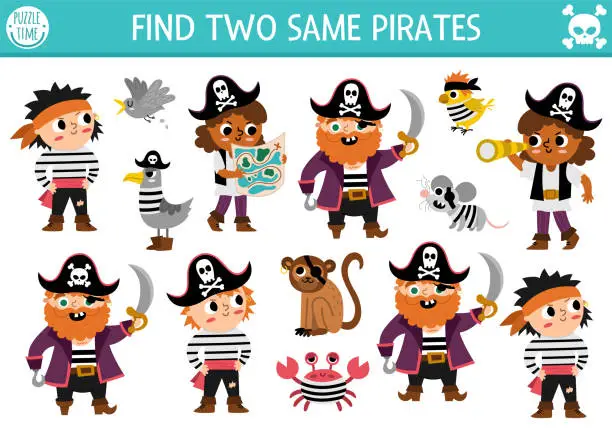 Vector illustration of Find two same pirates. Treasure island matching activity for children. Sea adventures educational quiz worksheet for kids for attention skills. Simple printable game with cute captains and animals