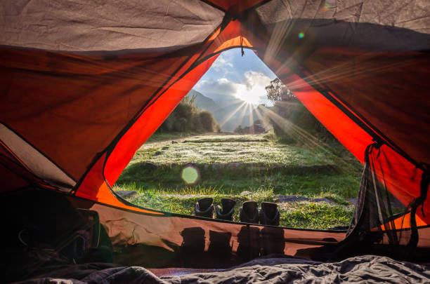 istock Watching the sunrise from inside the tent 1391975432