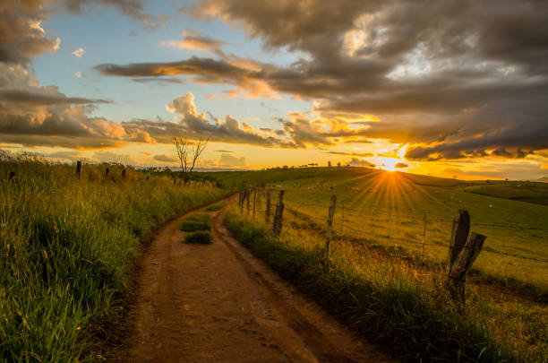 未舗装の道路と牧草地のあるドラマチックな空のある田園風景 - country road ストックフォトと画像