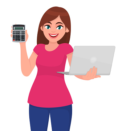 Young woman showing calculator. Trendy girl holding laptop computer (PC). Stylish female character presenting electronic device. Modern technology lifestyle illustration design in vector cartoon.