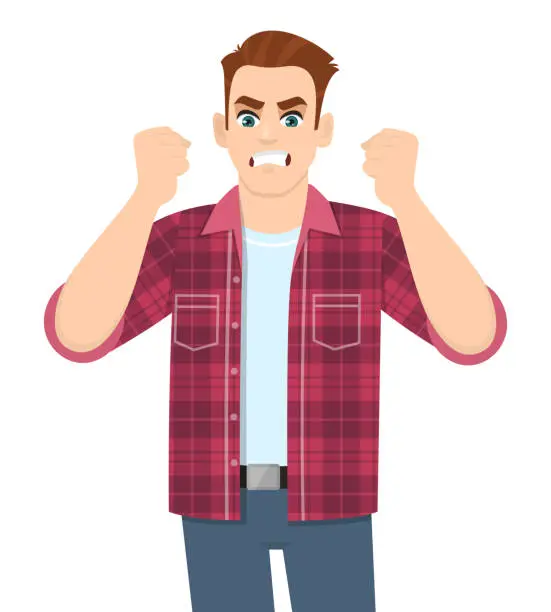 Vector illustration of Angry young man shouting loud, gesturing raised hands fists. Aggressive person screaming frustrated & furious. Enraged male character showing arms sign/symbol. Cartoon illustration in vector cartoon.