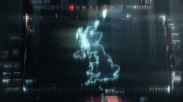 Futuristic map of United Kingdom infographics on digital screen