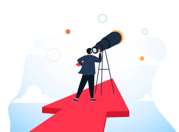 Business opportunity or investment and market prediction, future growth or career development vision, profit and earning Business opportunity or investment and market prediction, future growth or career development vision, profit and earning forecast concept, businessman climb up rising arrow with big telescope spyglass estimate stock illustrations