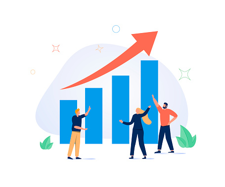 Grow business increase sales and profit, growth or progress to achieve goal and target, improve or development to boost performance concept, business people team looking at high rising up graph arrow.