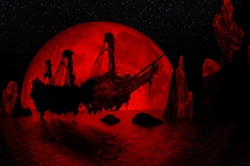 Ghost sailboat emerging from the sea at the red moon by nighttime - 3d rendering