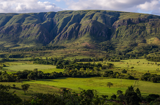 Hilly landscape with green pasture and mountains. Serra da Canastra, Minas Gerais, Brazil.