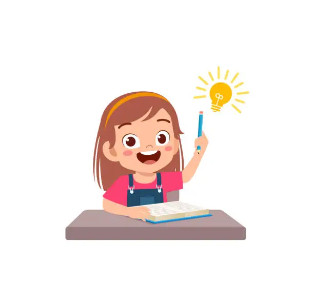 Vector illustration of little kid do homework and find the answer