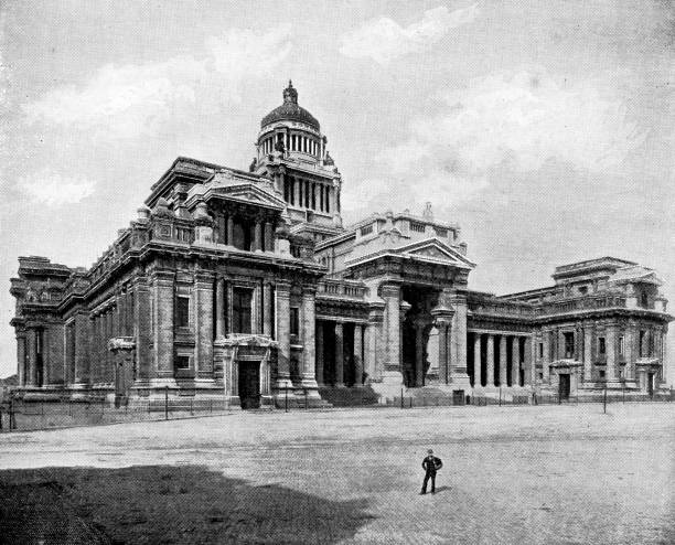 Palais de Justice (Palace of Justice) in Brussels, Belgium. Vintage halftone etching circa 19th century.