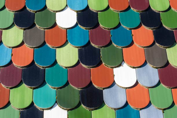 clay made beaver-tail tiles. overlapping colorful roof shingles