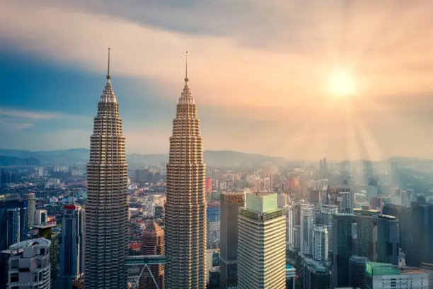 Aerial view of Kuala Lumpur city skyline at sunset in Kuala Lumpur, Malaysia.