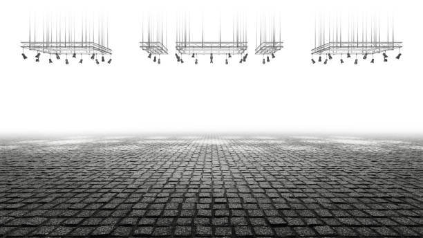 Sidewalk cobblestone. Stage with spotlights and white light. Empty space background. Isolated. Empty street. 3d Sidewalk cobblestone. Stage with spotlights and white light. Empty space background. Isolated. Empty street. cobblestone stock pictures, royalty-free photos & images