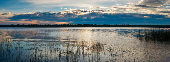 The nature of Belarus, a serene summer morning, a bright dawn on Lake Selyava