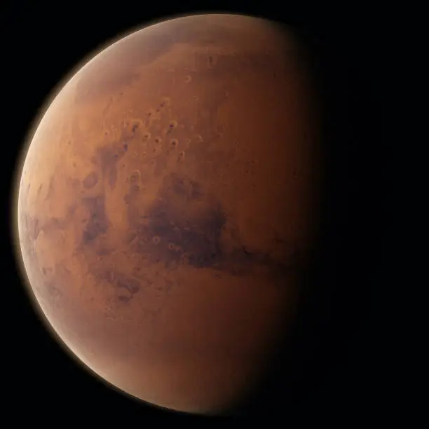 A left profile lit high resolution render of the planet mars from near planetary orbit