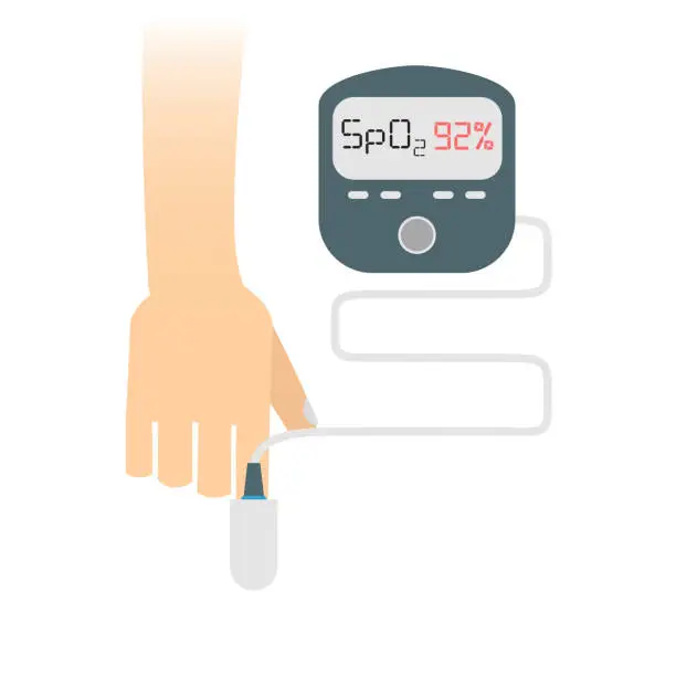 Vector illustration of Oxygen saturation conceptual illustration. Hand wearing pulse oxymeter