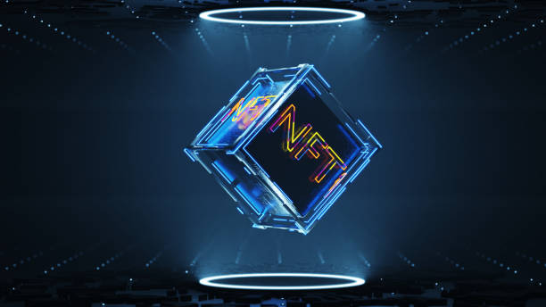 istock non fungible token. NFT inscription on a technological abstract cube. 3d render 1391994395