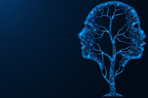 A tree with foliage in the shape of people's faces. Personal growth. Low-poly design of interconnected lines and dots. Blue background.