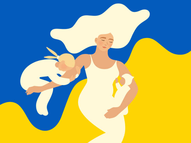 Ukrainian mother of two Young mother with daughter and baby, dressed in white, against yellow-blue Ukrainian background. Vector illustration. olivia mum stock illustrations