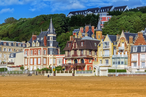 Looking west along the beach at Houlgate on the Normandy coast of France. Music lovers will recognise its connection with the composer Claude Debussy, from his visit in 1911.
