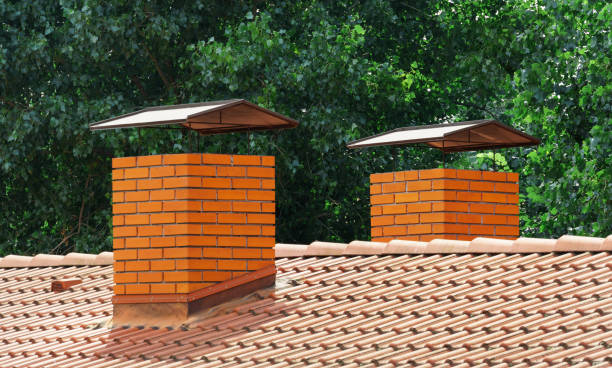 chimenea hecha de ladrillo nuevo y un techo de tejas sobre un fondo de hojas de árbol - natural chimneys fotografías e imágenes de stock