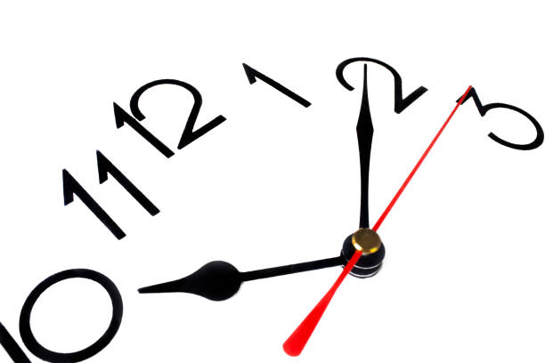 istock Closeup of hands on clock face, Dial office wall clock in a classic style, close-up 1392000145